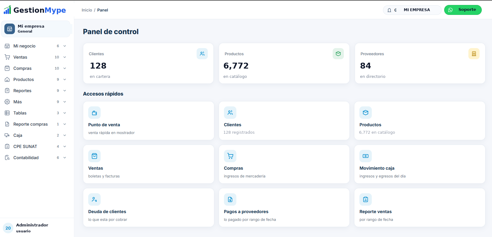 Pantalla del ERP GestionMype: Panel de control